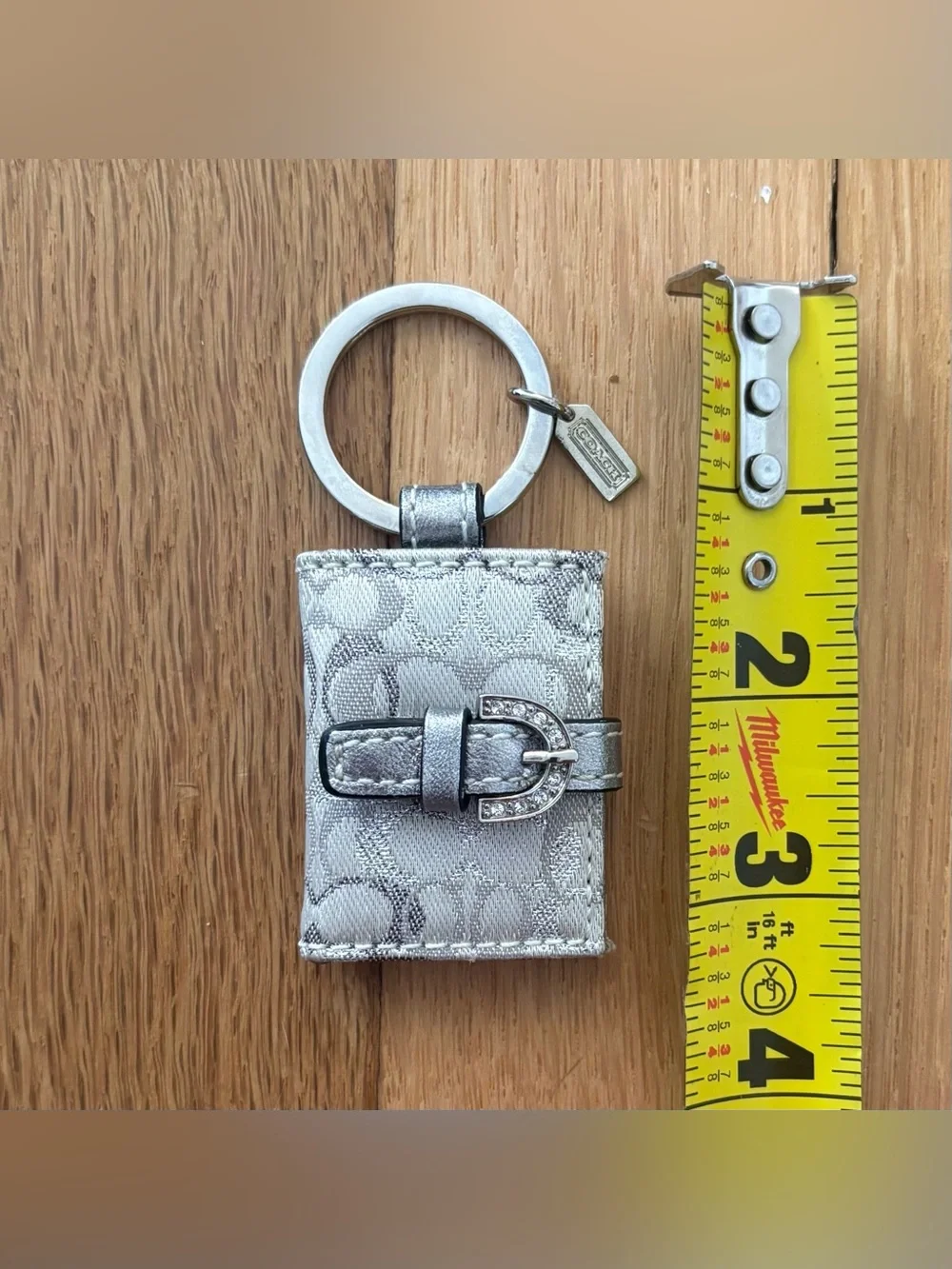 Vintage COACH Y2K Silver Optic C Mini Photo Frame Keychain Rhinestone Bag Charm